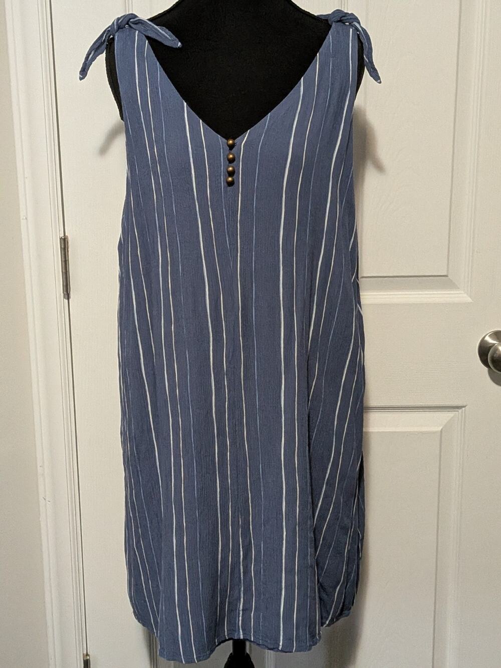 ANA Linen Blend Striped V-Neck Dress Tie Shoulder Summer Blue size XL